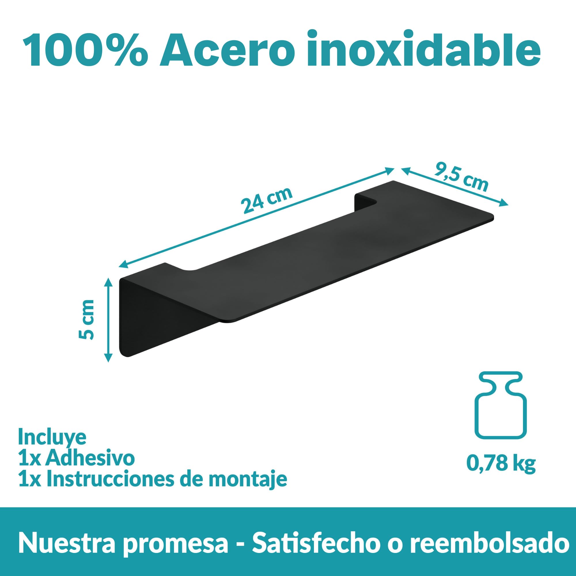 WEISSENSTEIN Repisa baño Acero Inoxidable - Balda Adhesiva 24 cm - sin Taladro - Negra