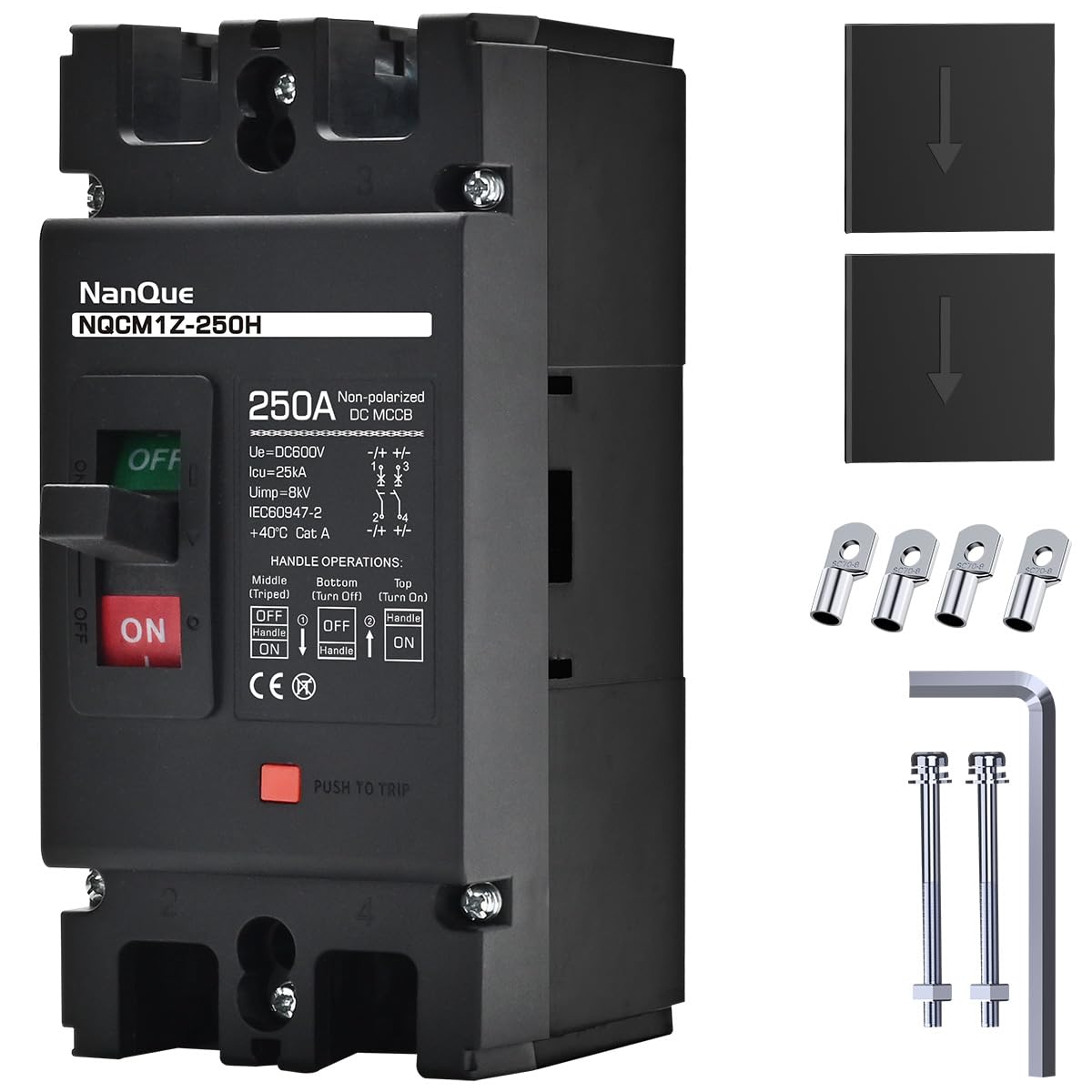 NanQue DC Solar Panel Circuit Breaker PV System Disconnect Switch and Protector 60-250 Amp 36-600 Voltage Automatic Cut Off Circuit 2 Poles Non-polarized 25kA Recycle Use Fuse Silver Contactor (63A)