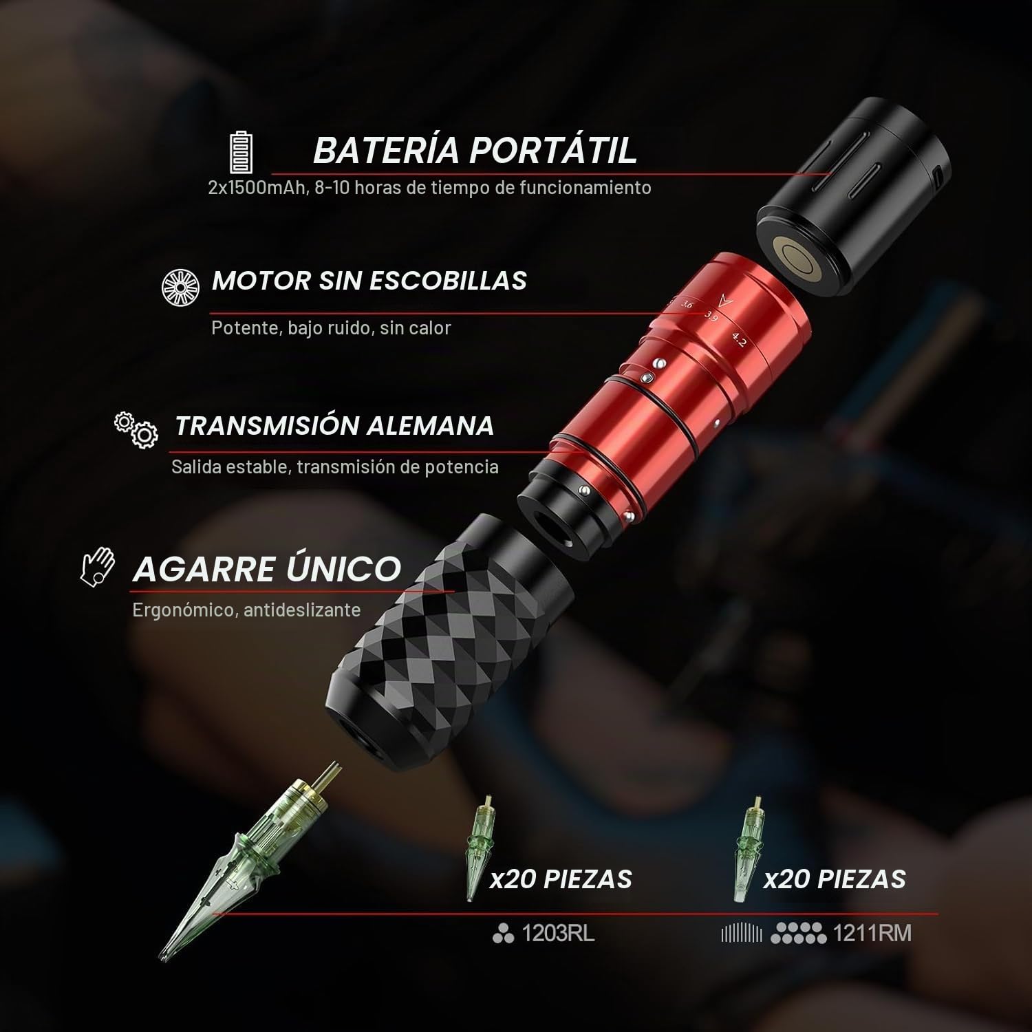 Solong Máquina de Tatuaje Kit Completo- 2 Baterías Inalámbrica Pistola de Tatuaje con Pantalla OLED 40pcs Agujas de Cartucho, 30ML Tinta Negra para Principiantes Artistas del Tatuaje SLE75KITEU-1