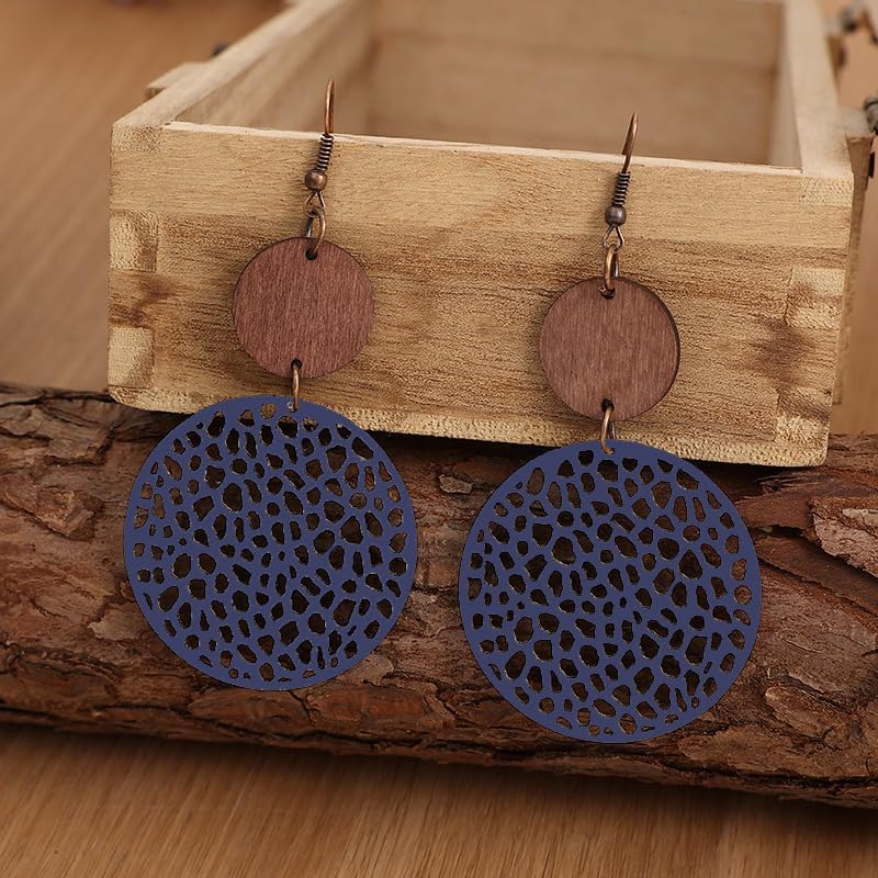 Wooden Round Geometric Earrings Retro Hollow Out Circle Earrings Big Lightweight Statement Jewelry Suitable for Women - Image 2