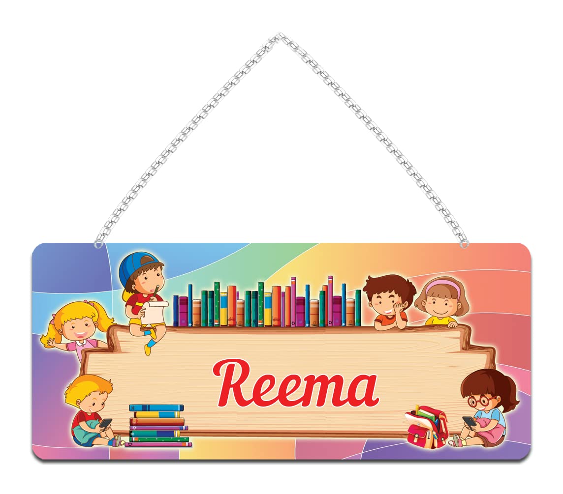 FurnishFantasy Customised Gift for Kids on Birthday | Return Gift | Kids Room Decor | Door Sign | Name Plate with Hanging Chain - Size: 11.5 x 5 inch - , Name - Reema