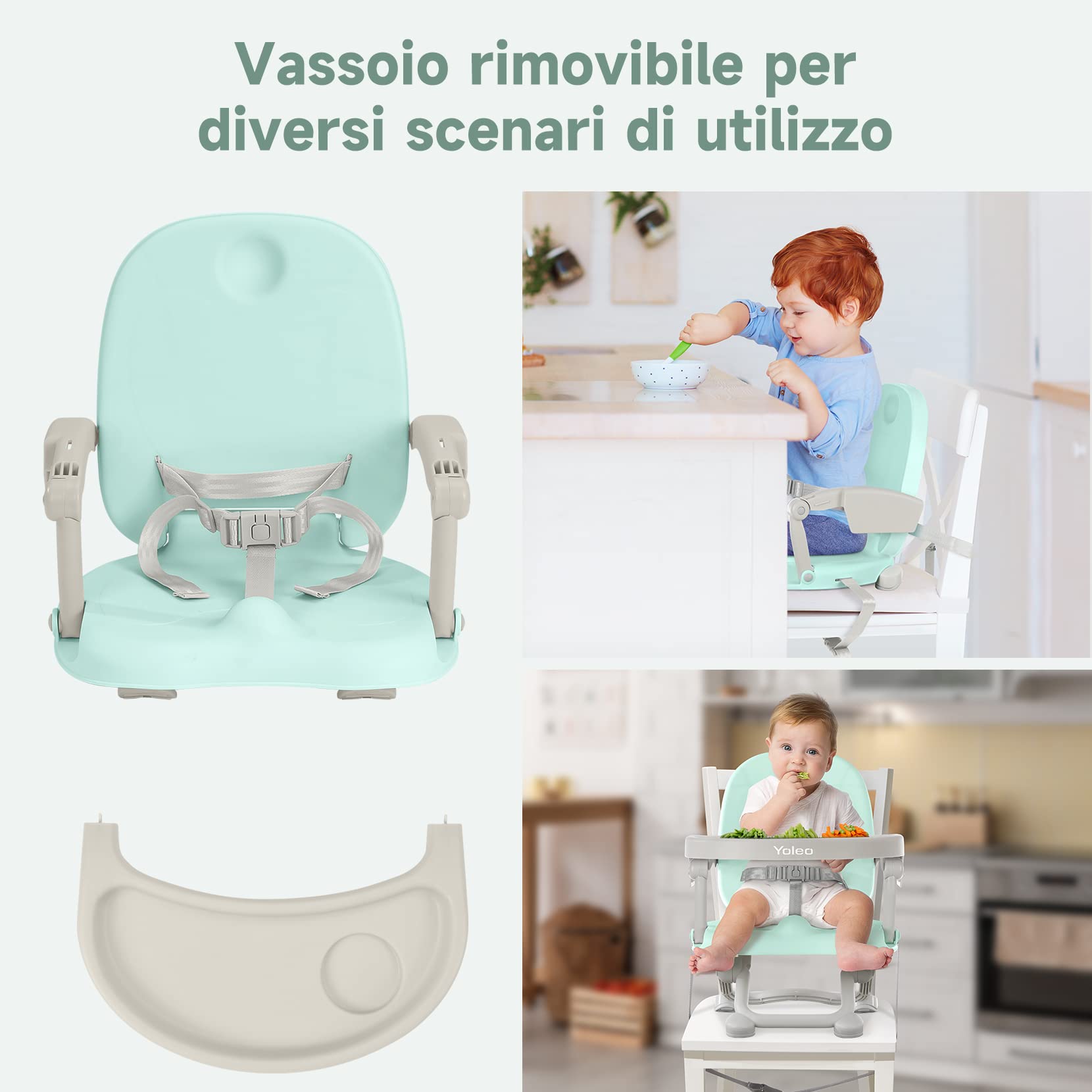 YOLEO Seggiolone Pappa, Portatile Rialzo Sedia Bambini per 6-36 mesi, Seggiolino per Bambini Regolabile con Chiusura Compatta e Vassoio Rimovibile, per uso Interno/Esterno (Verde senza Cuscino)
