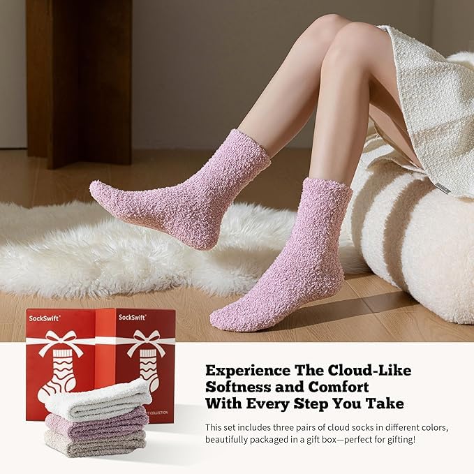 WKLOUYHE Women's Fuzzy Socks - Ultra Soft & Warm Cozy Fluffy Plush Sleep Socks for Winter 3 Pairs,Multicolour,Free Size 4