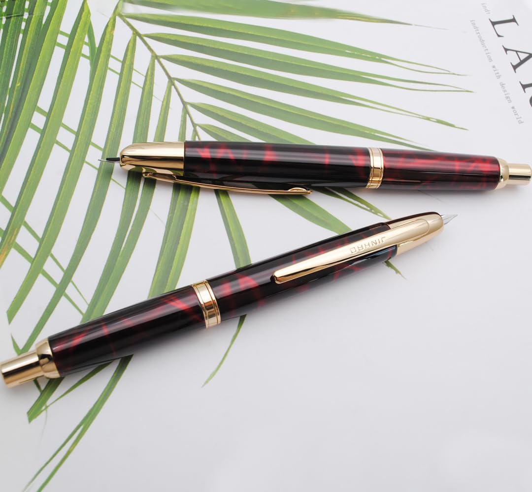 JINHAO Pióro wieczne z 10 tłoczeniami, chowane, metalowe pióro z konwerterem atramentu, stalówka F 0,5 mm, czerwone agat