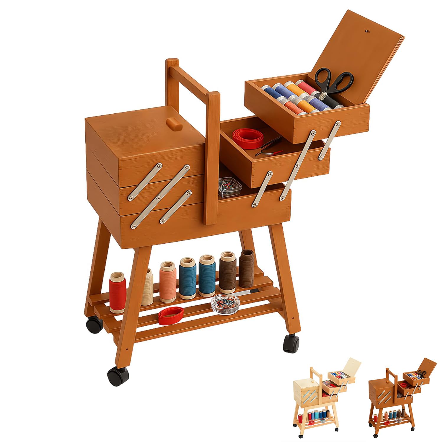 Paluplus Carrello Portacucito in Legno con Ruote, Misura 34x23x57 cm, Cestino a Scaletta a 3 Piani con 5 Scomparti per accessori cucito, sartoria e fai da te, Made in Italy -010F -5,4 (Noce)
