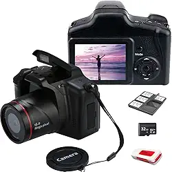 Acuvar Câmera digital de 16 MP, mini câmera compacta estilo SLR com cartão SD de 32 GB, leitor de cartão, suporte de cartão LCD de 2,4 polegadas, sensor CMOS de zoom de 16 X – câmera de vlogging