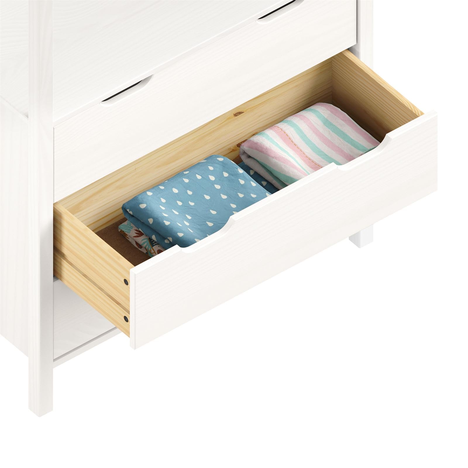 IDIMEX Kinderzimmer Kommode Amira mit Kleiderstange in Hausform - weiß, 3 Schubladen, integrierte Kleiderstange, Stauraum für Kleidung, Spielzeug, Bücher, Kiefernholz
