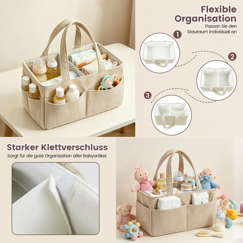Generisch kosz do przewijania Cord beżowy, 18 x 23 x 36 cm, organizer do przewijania pieluch, chusteczek nawilżanych i artykułów dla niemowląt, idealny prezent dla dziecka, kosz do