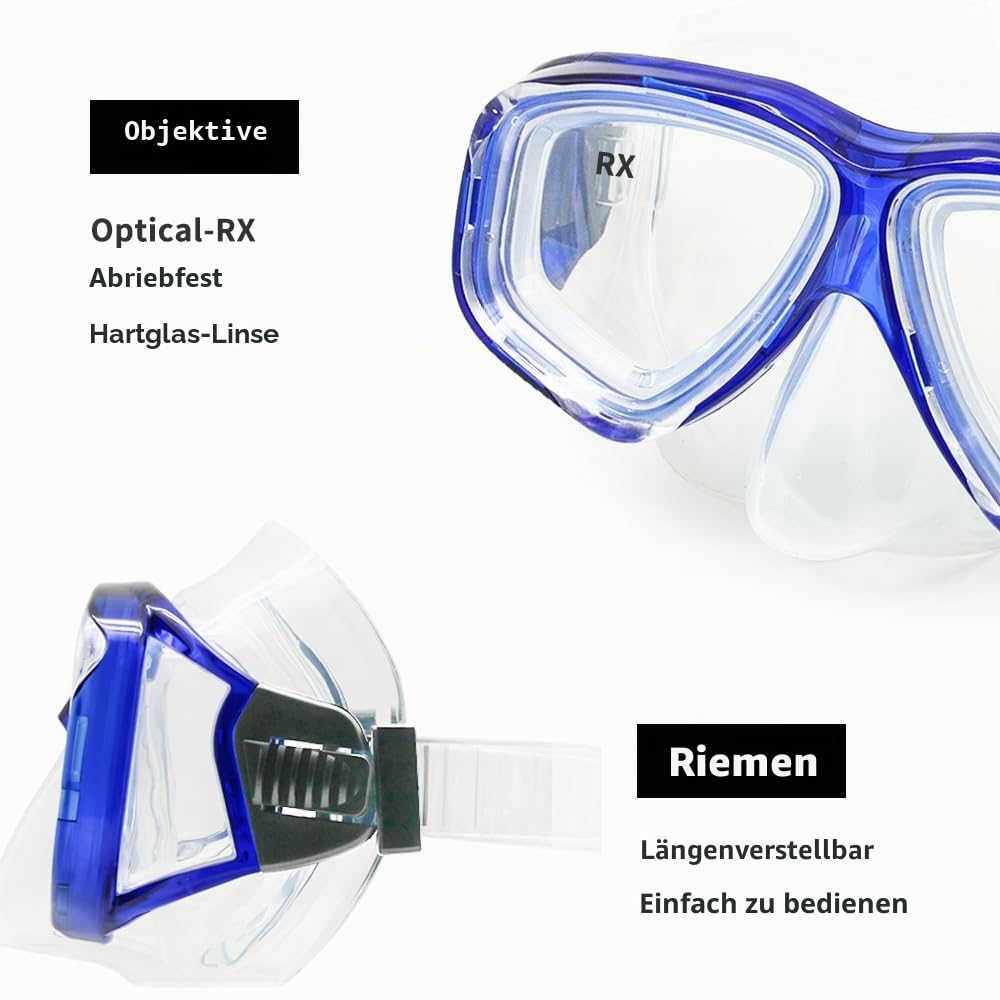 Optisches Diving Gear Set für Kurzsichtigkeit Schnorchel, unterschiedliche Stärke für jedes Auge, Tauchmaske, Top Dry Kurzsichtigkeit