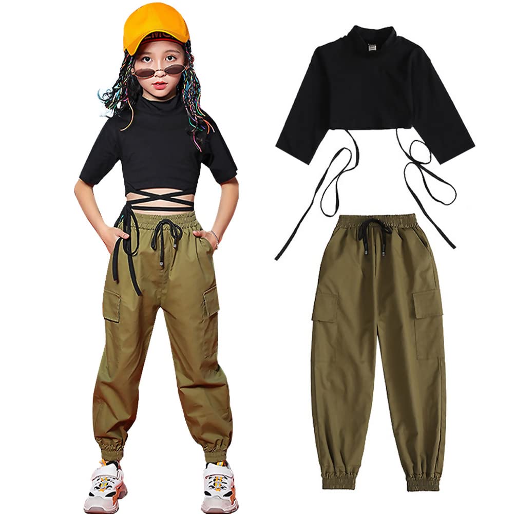 Ropa Niña Top Corto Hiphop Moda + Pantalones Cargo Conjunto 2 Piezas Traje Jazz Color Sólido para Edad 3-17 Años