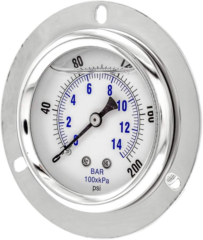 PIC Gauges PRO-204L-254G Panel Mount Front Flanged Glycerin Filled Industrial Pressure Gauge w/ SS Case, Brass Internals, Plastic Lens, 2.5" Dial, 0/200 psi Range, 1/4" Male NPT