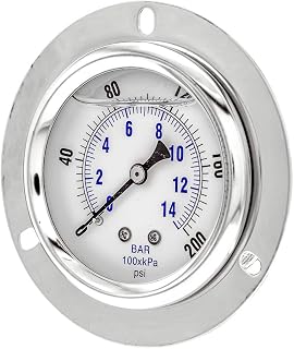 PIC Gauge 204L-254G Glycerin Filled Industrial Front Flanged Panel Mount Pressure Gauge with Stainless Steel Case, Brass Internals, Plastic Lens, 2-1/2" Dial Size, 1/4" Male NPT Connection Size, 0/200 psi Range