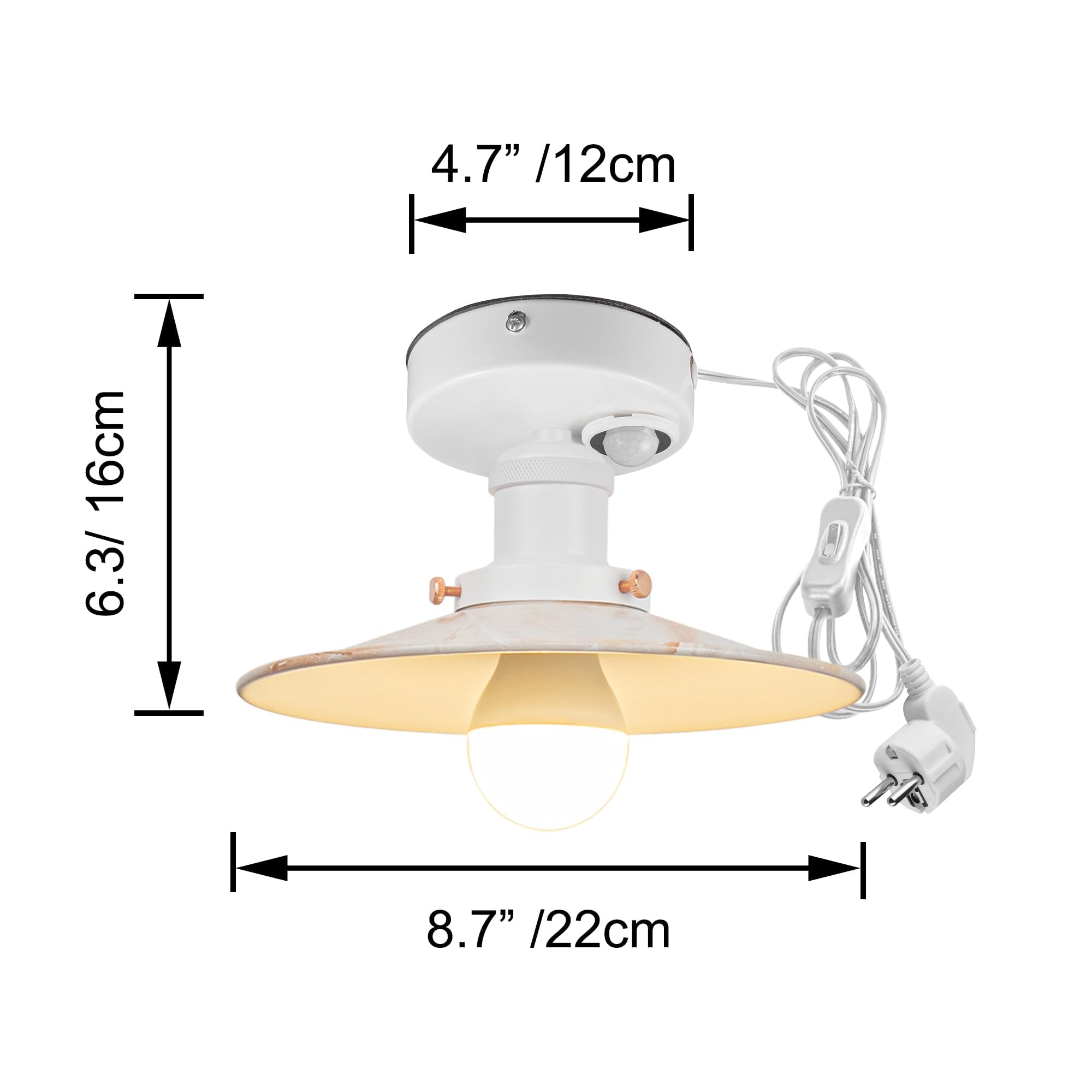 Plafoniera con sensore di movimento interno, lampada da soffitto in ferro industriale, sensore di movimento radar con cavo da 4,5 m e portalampada E27, per corridoio, bagno, scale, garage,