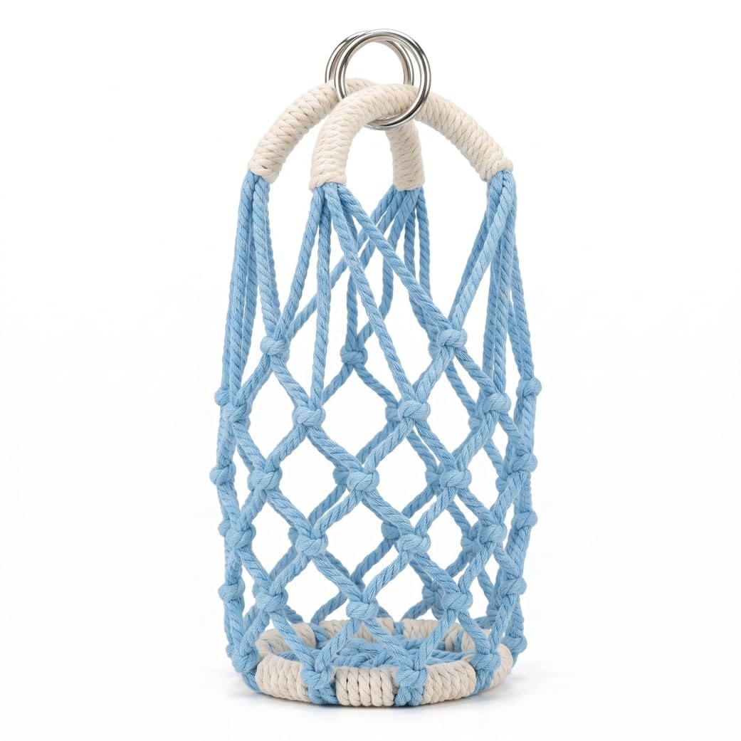 Ngbbby Crossbody Water Bottle Holder, Water Bottle Carrier With Strap, Hand-woven Cotton Rope Sling With Adjustable Metal Buckle - Blue & White, Bag