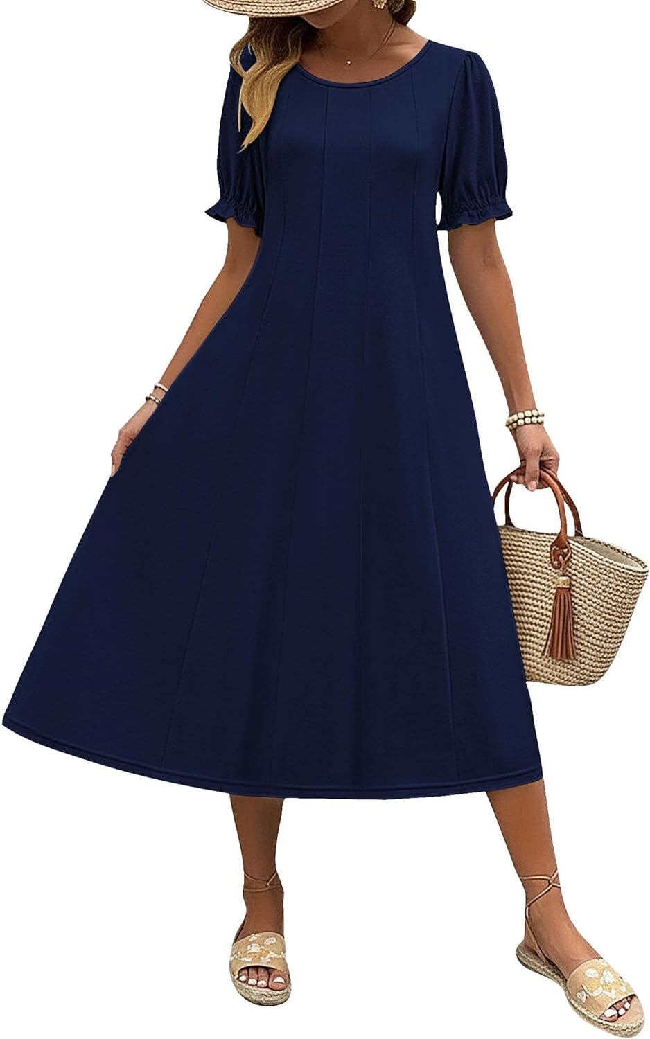Zeagoo Womens Summer Dress Casual Midi Dresses 2026 Short Puff Sleeve Flare Dress Pleated Flowy Sundress with Pockets