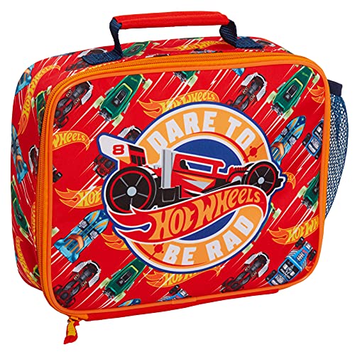Hot Wheels Bolsa de almuerzo para niños, para coches, escuela, viajes, lonchera aislada con soporte para bebidas, Red, Talla única, Fiambrera