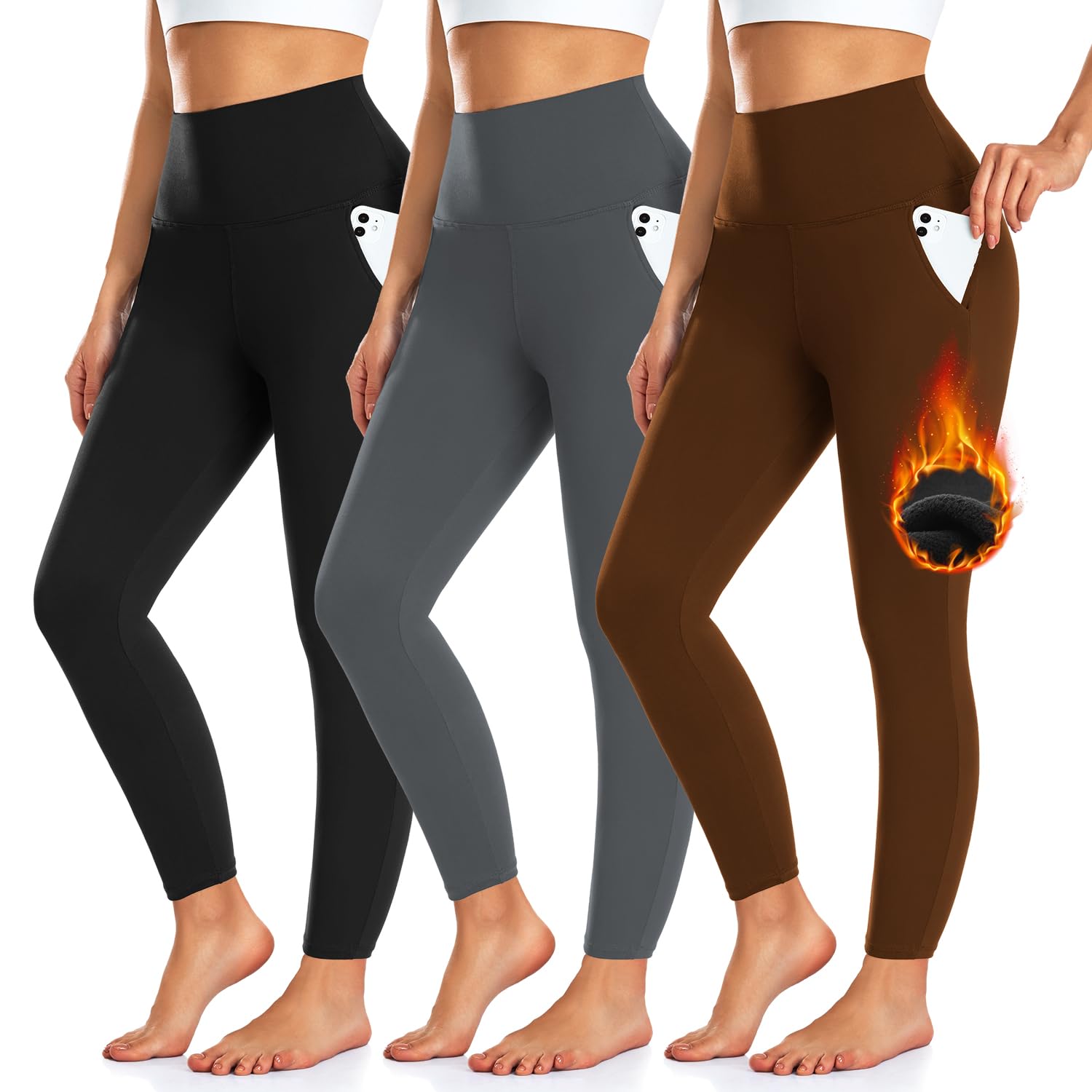 Photo 1 of 3 Pack Fleece Lined Leggings Women with Pockets -Warm Winter Yoga Pants for Women Thermal Running Workout Leggings Small-Medium Black/Grey/Brown