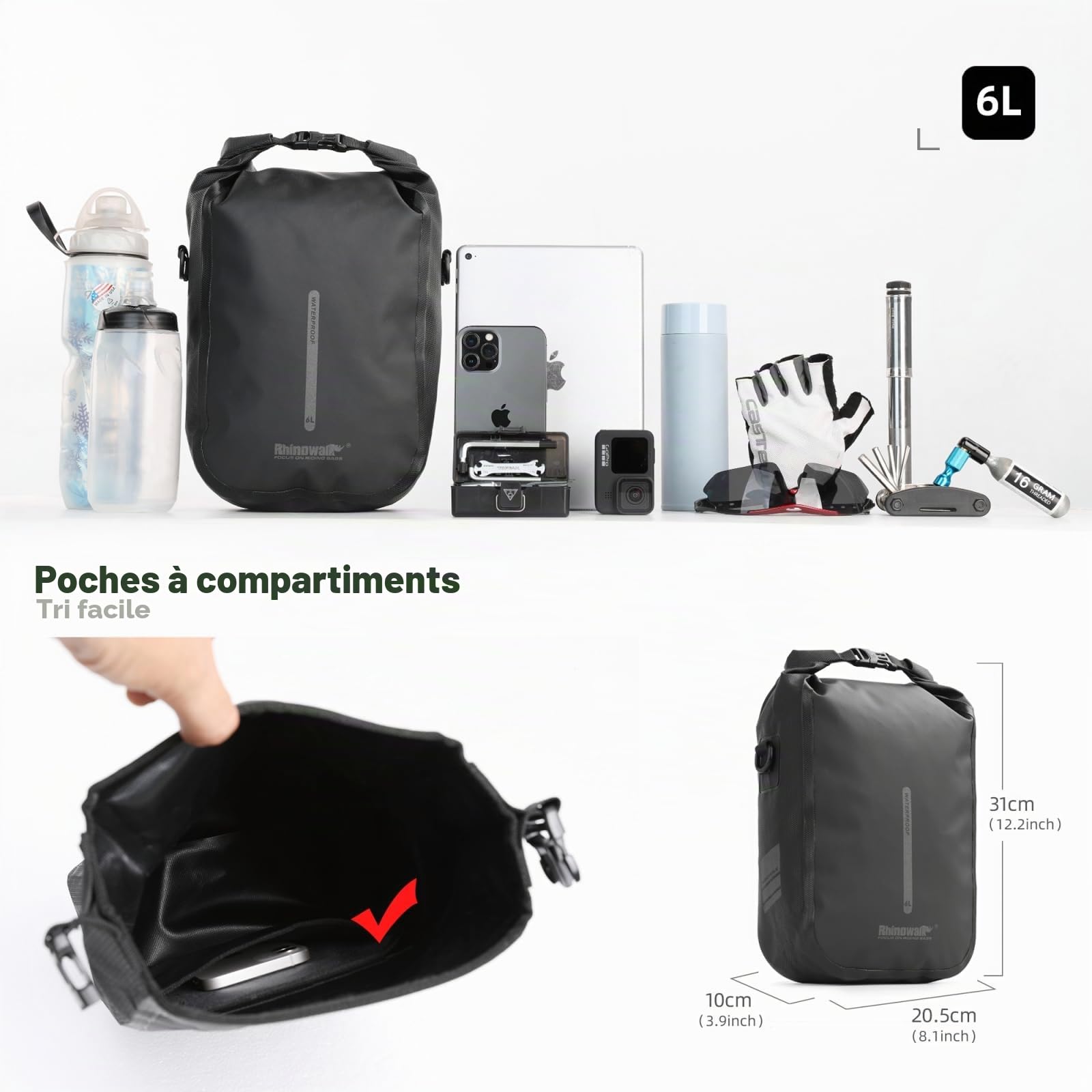 BAIGIO Sacoche Fourche Vélo 6L Étanche, Montage Rapide VTT Trottinette élec | BAIGIO Sacoche de Vélo 6L Étanche et Rapide à Installer pour VTT, Vélo de Ville, Scooter et Trottinette Électrique