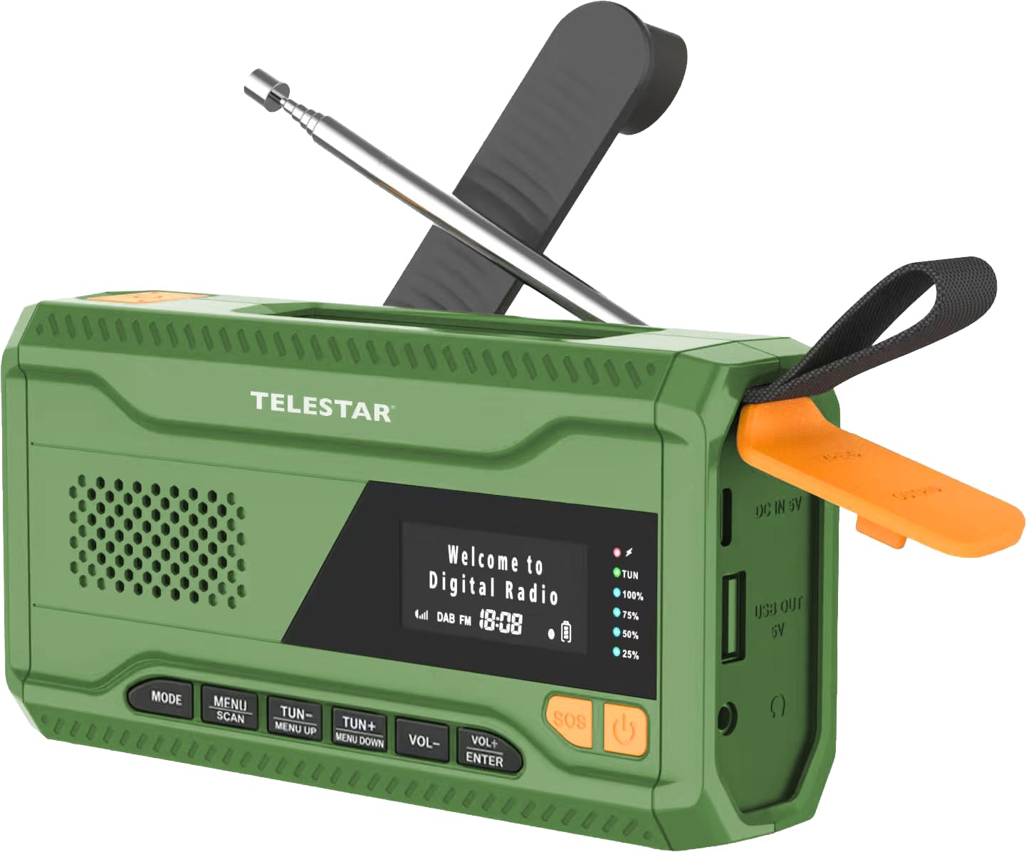 TELESTAR TOP NR 5 – Notfallradio mit 4000 mAh Akku – Grün | Kompaktes Kurbelradio, Solarpanel, Powerbankfunktion, Taschenlampe, SOS Funktion