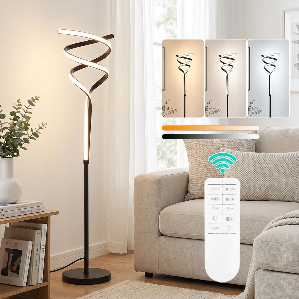 Modern Spiral Floor Lamp, 30W Dimmable Standing Lamp with 3 Color Changing Mode, Timing Function & Sleep Mode, 63" Black Floor Lamp, Unique Tall Lamp for Living Room,Bedroom,Office,Room decor