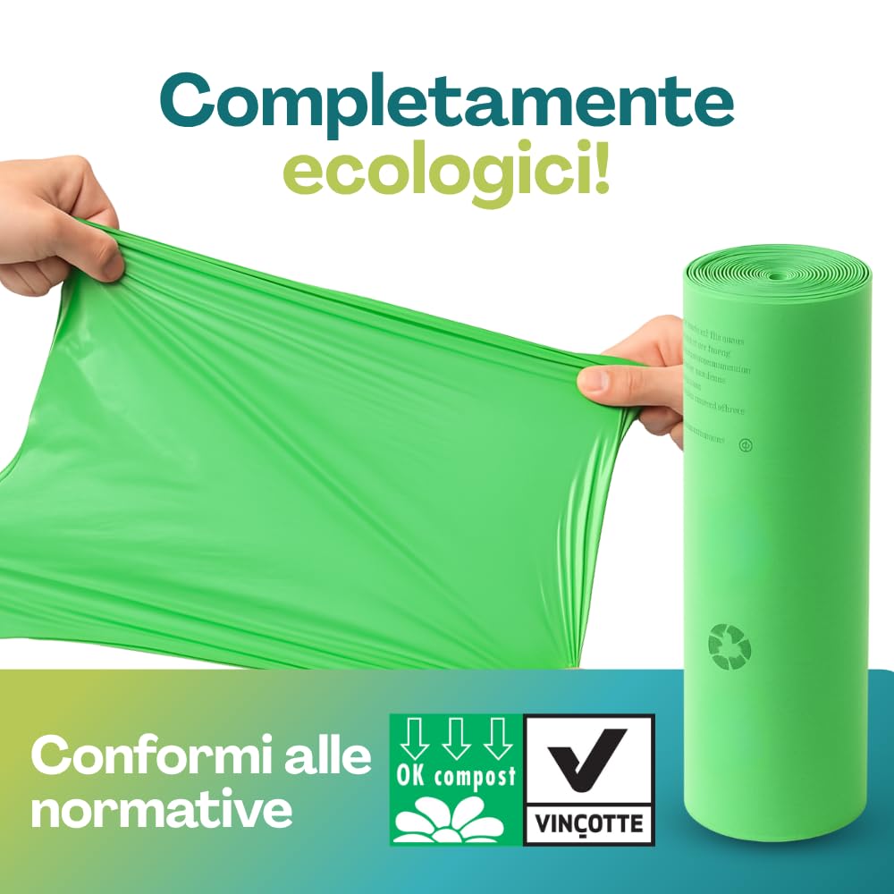 Palucart® 375 Sacchetti Biodegradabili f.to 55 x 68 da 30 Litri, Sacchi Raccolta Umido Salvagoccia con Manico lungo, 25 Rotoli da 15 Sacchi Organico compostabili e biodegradabili colore verde - M