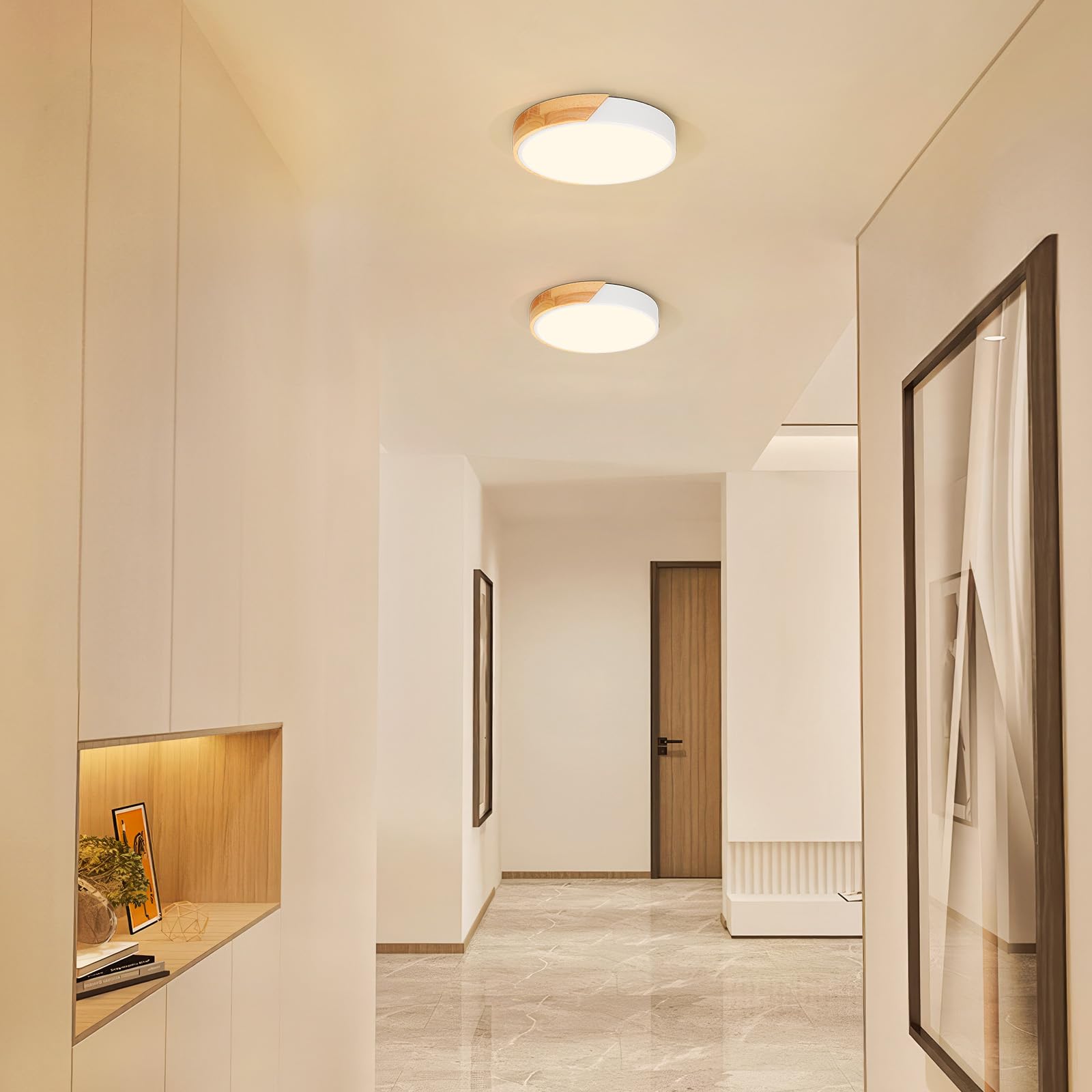 Kambo Plafón LED Redondo de Madera 24W 3000K- Lámpara de Techo Moderna Interior Blanco 2400LM Ø30cm, Luz iluminación para Cocina Salón Dormitorio Oficina Pasillo