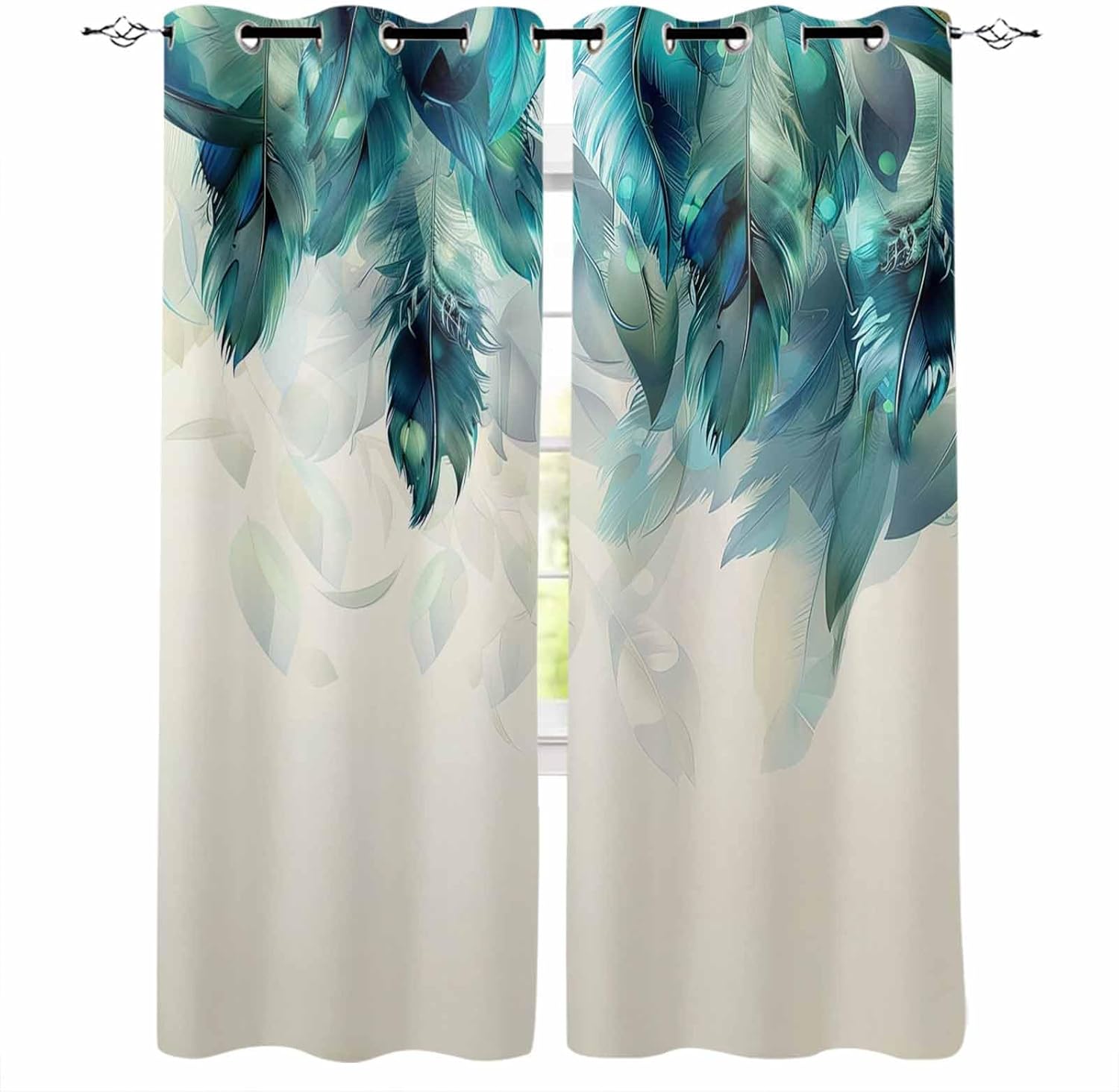 Teal Feather Blackout Curtain 54 Inch Length 2 Panels Set, Farmhouse Feather Art Teal Ombre Two-Layer Sewing Polyester Fiber and White Blackout Curtain with Grommet, 42"x54"x2