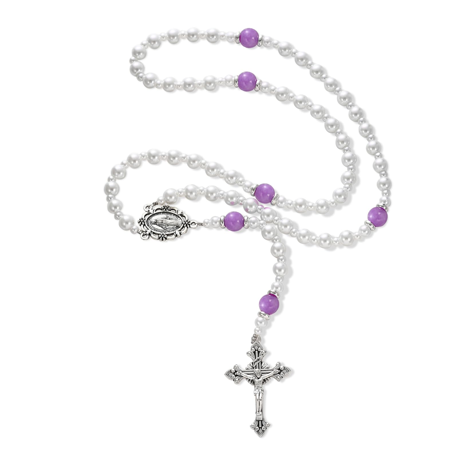Rnivida Catholic Pearl Beads Rosary for Women, Rosary Necklace with Miraculous Medal & Cross, Religious Rosaries Jewelry Gifts