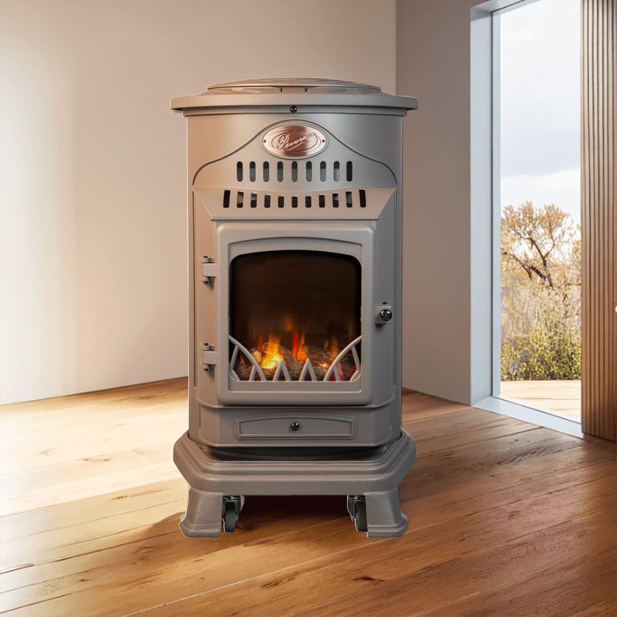 Universal - Poêle à gaz Provence 3,4 KW Marron Effet poêle à Bois Fonte véritable Chauffage d'appoint au gaz