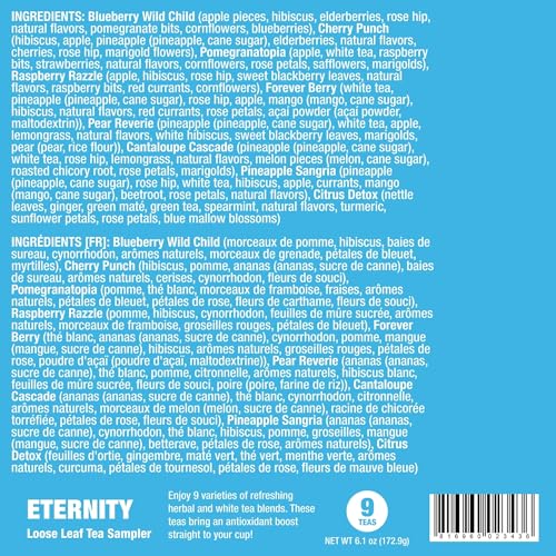 Image of Tiesta Tea - Eternity Sampler Dry Flight Set, Loose Leaf, High to No Caffeine, Makes Hot & Iced, Assorted Tea Sets with Herbal, White, Fruit Blends & More, 9 Resealable Sample Pouches