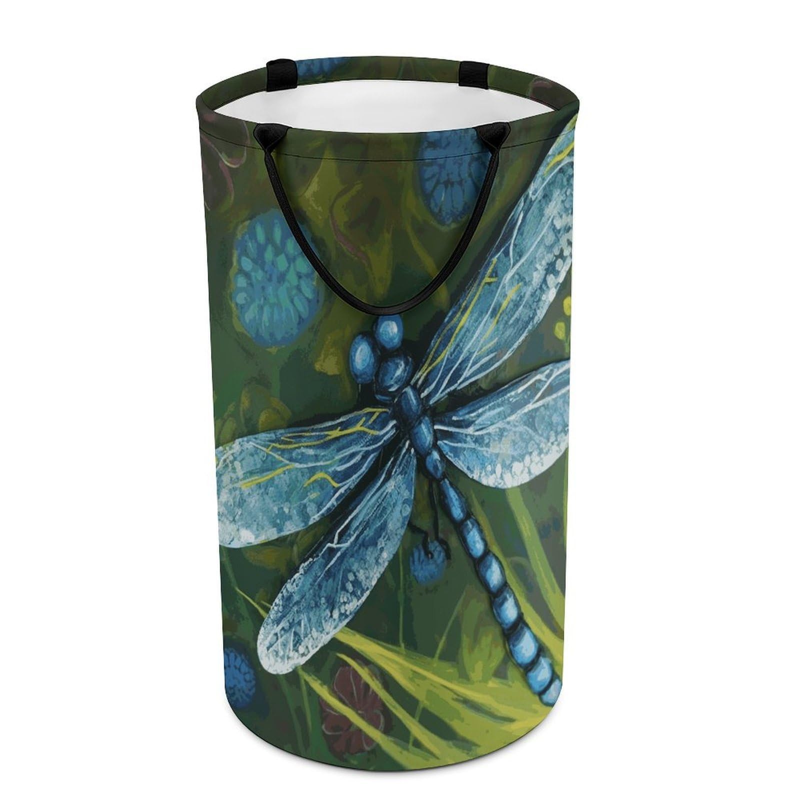 Hand Painted Blue Dragonfly Laundry Basket Waterproof And Moisture-Proof Storage Bins Collapsible Round Laundry Hamper Perfect for Toys, Clothes And Sundries