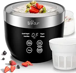 Fabricante de iogurte, máquina de fazer iogurte com pote interno de aço inoxidável, fabricante de iogurte grego com controle de temporizador, fabricante de iogurte congelado digital automático com 2 potes de vidro de 1 quarto e filtro para iogurte orgânico doméstico, preto