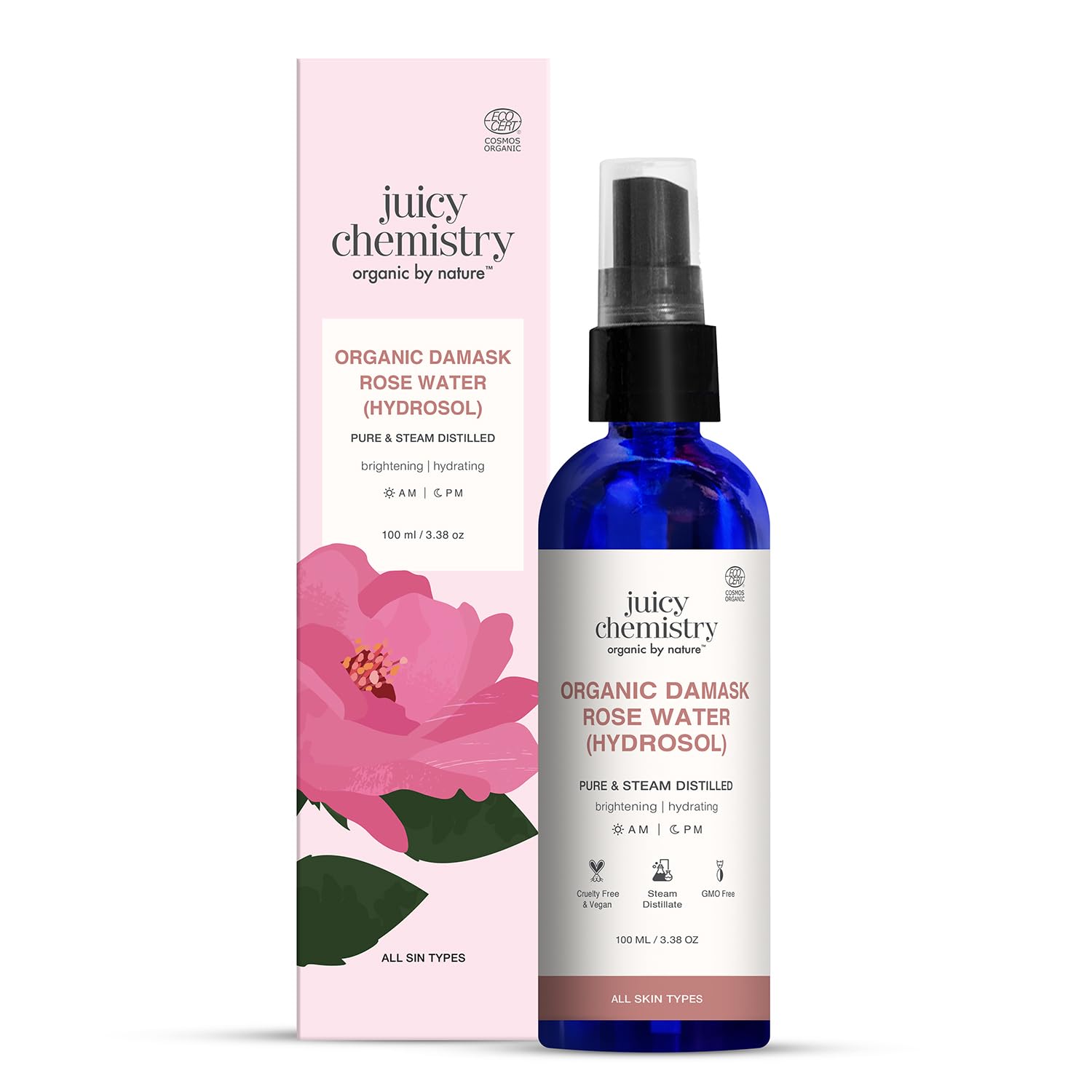 Juicy Chemistry Organic Rose Water (Hydrosol), 100 ml | Face Toner for Glowing, Brighter and Hydrated Skin | Made with Bulgarian Damask Roses - Clinically Tested