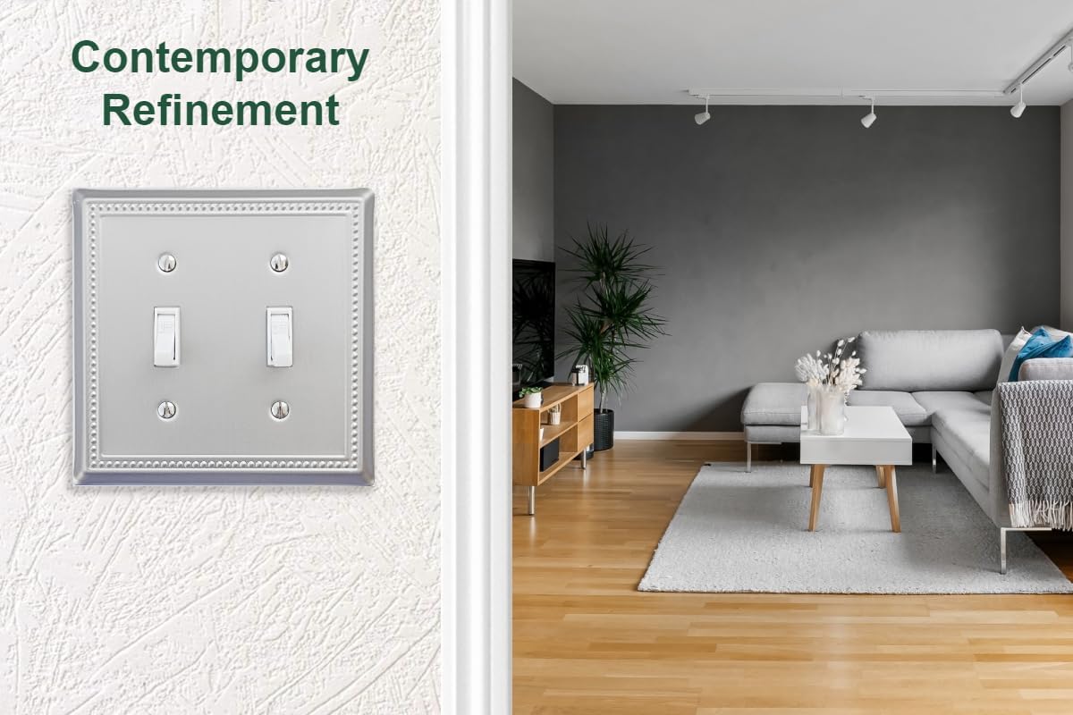 OKAWYC Double Toggle Light Switch Cover Belaire Beaded Metal Wall Plate, 2-Pack Brushed Nickel 2 Gang, Light Switch Cover Decorative Wallplate, Durable