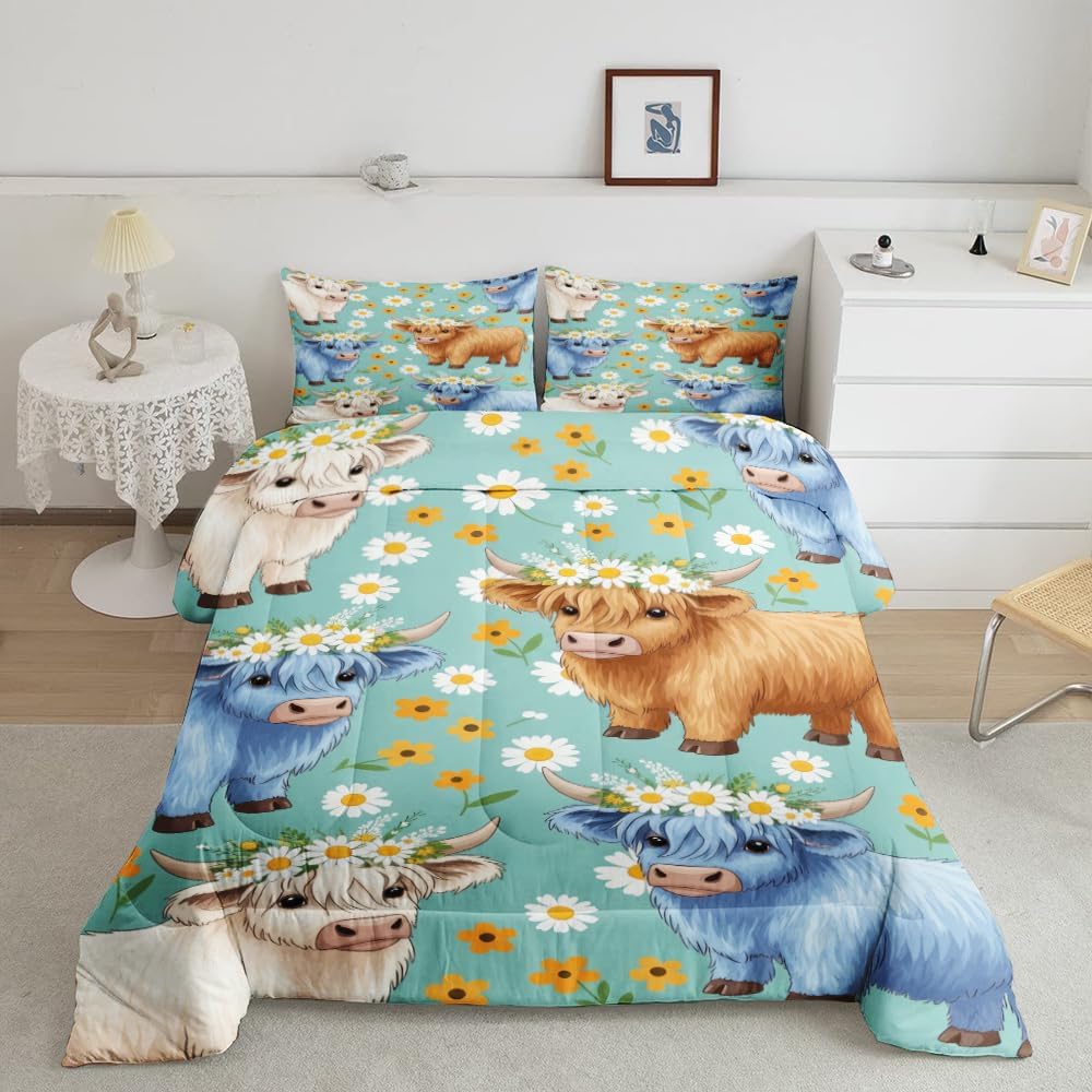 Personalized Highland Cow Comforter – Cute Baby Cow Farmhouse Bedding for Kids, Teens & Rustic Bedroom Decor