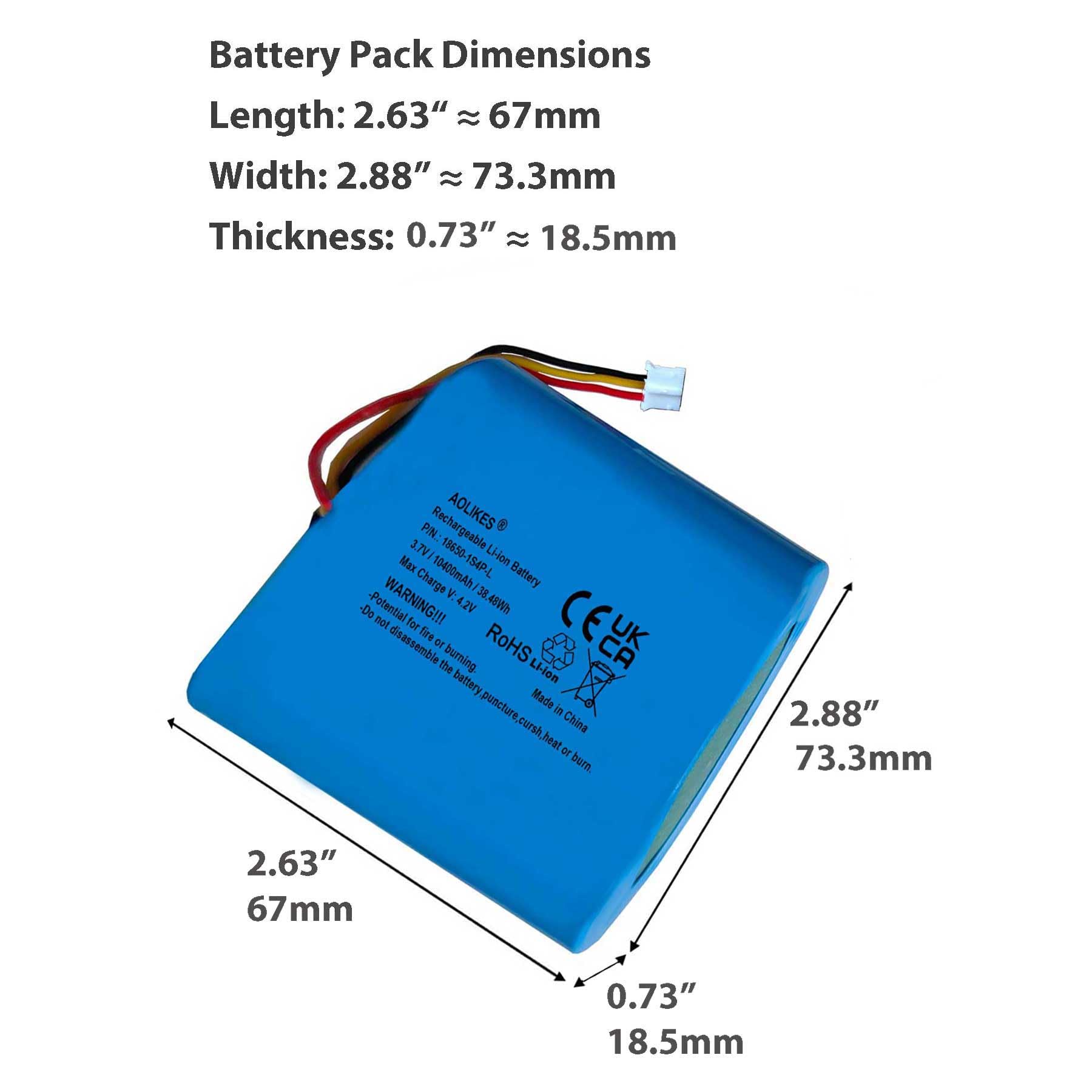 AOLIKES Batterie lithium-ion rechargeable 18650 1s3p 10400 mAh 7,4 V avec fiche PH2,0/3P / cellules 5C / Straight / prend en charge la charge rapide