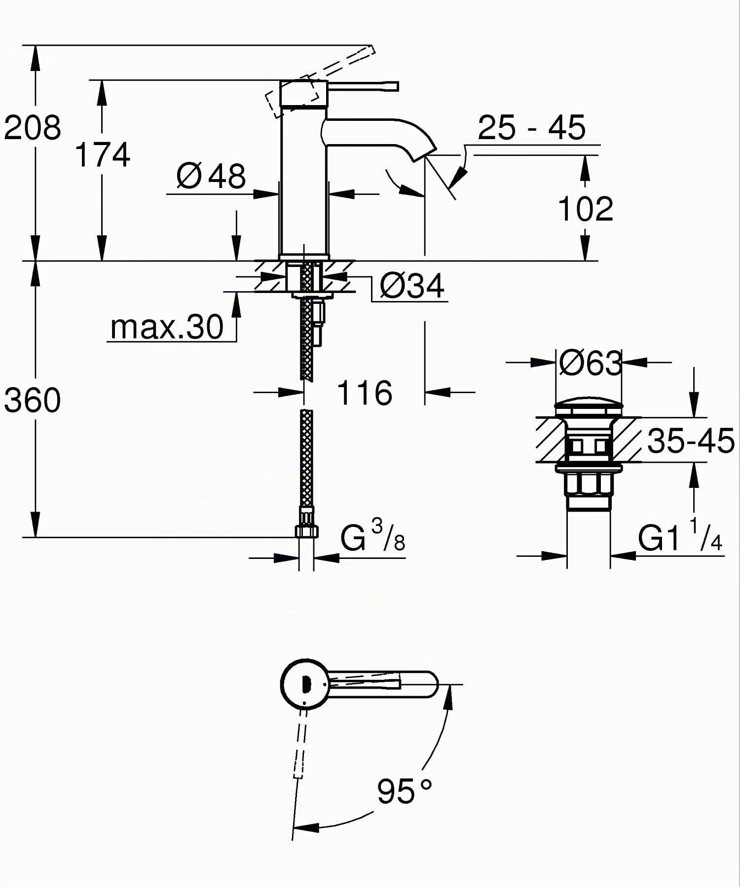 GROHE Essence Robinet lavabo de salle de bains, Taille M, Mitigeur monocommande (Sans tirette de vidage, Vidage clic clac inclus, installation rapide), chromé, 23797001 (Import Allemagne)