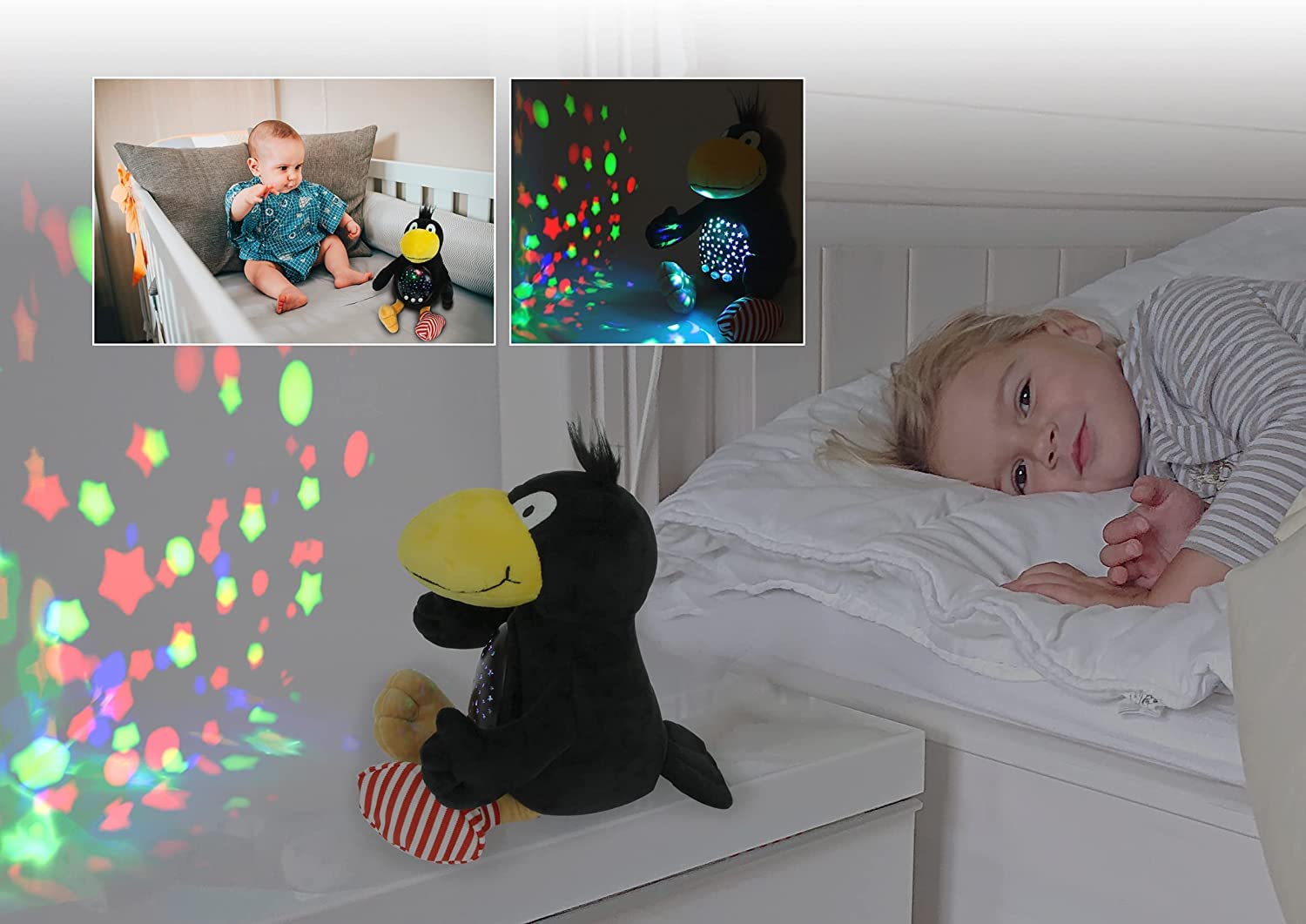 JAMARA Sternenlicht „Der kleine Rabe Socke“ - Sternenhimmel Projektion, Stern-/ Mondmuster, LED wechselnde Farben, beruhigende Melodien, Licht EIN/aus, Abschaltautomatik (Packung mit 2)