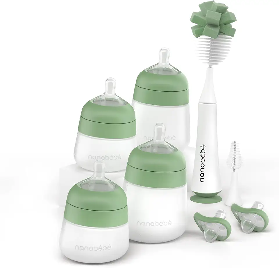 Nanobebe Silicone Baby Bottle Flexy Set with Anti-Colic Nipples, Bottle Brush and Pacifiers - 5oz and 9oz - Sage