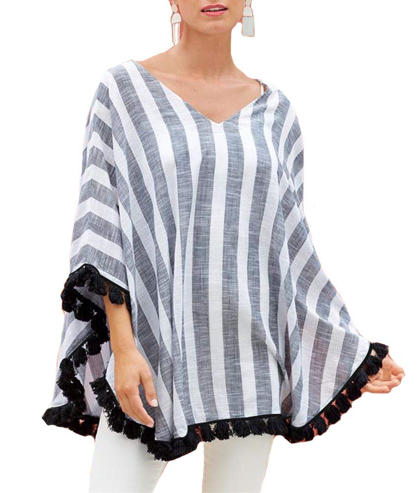 Women's V Neck Boho Striped Print Tassel Blouse Top Pullover Summer Swimwear Coverups