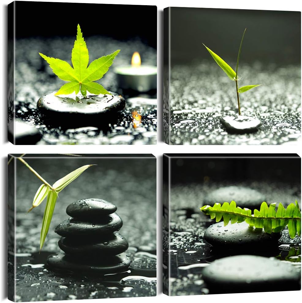 Artscope 4 Pieces Canvas Prints Wall Art – Picture Painting- Modern Wall Artwork Framed for Bathroom Home Office Decor – 12 x 12 Inch (Green Leaf Raindrops and Stones, 12×12)