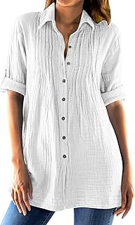 Camisa de lino para mujer, manga larga, cuello abotonado, blusas de talla grande, vintage, casual, ajuste holgado, camisas hawaianas, ligeras, estilo retro, para mujer, para playa, vacaciones, bohemio