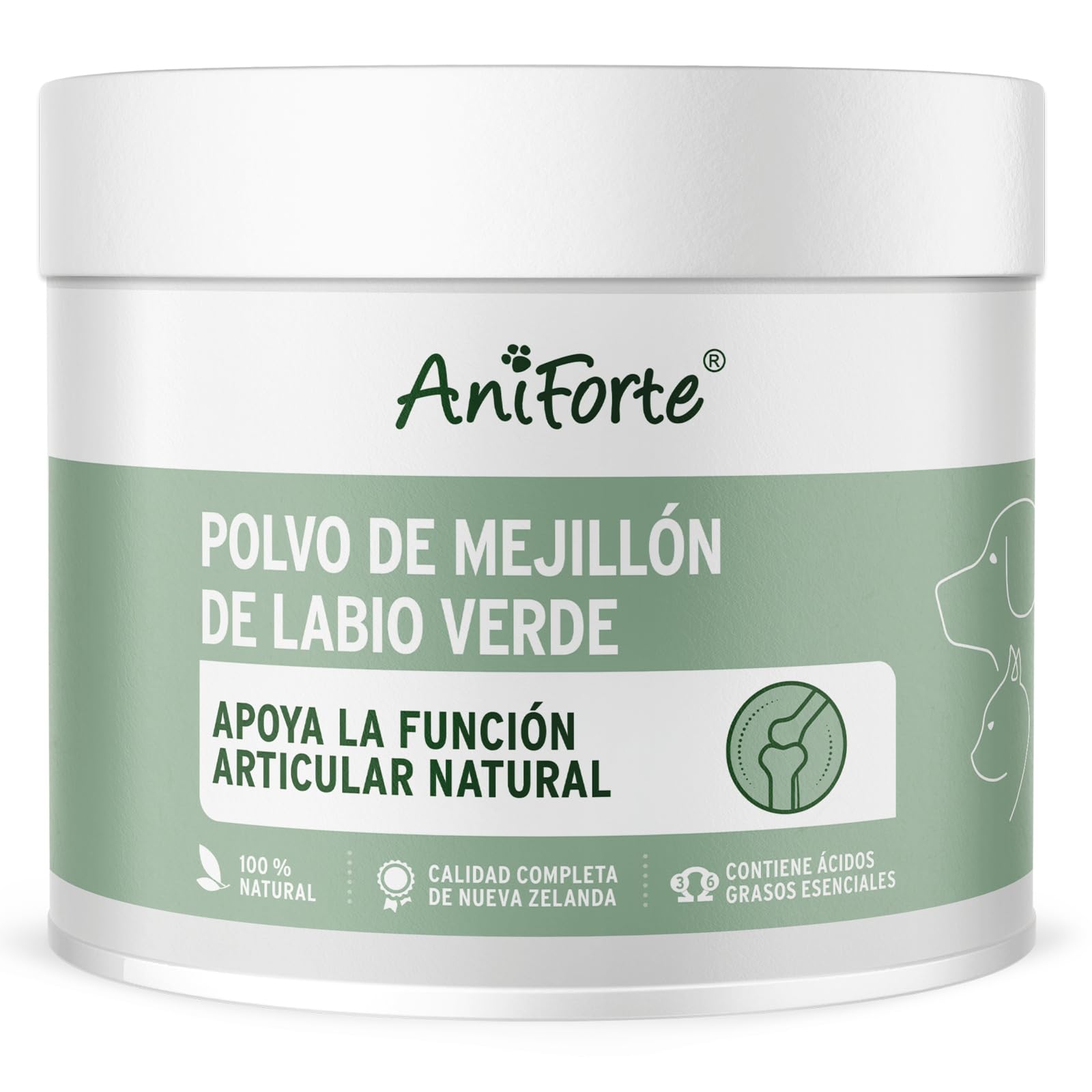 AniForte Polvo de mejillón de Labios Verdes 250g para Perros y Gatos. Condroprotector Natural, 3,3% glicosaminoglicanos y Alto Contenido graso. Apoya la Salud Articular.