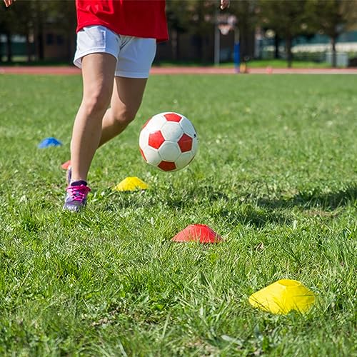 Fousenuk 20 Stück Fussball Hütchen Set, Runde Markierungshütchen Mit Ständer, Sport Hütchen, Markierungsscheiben, Fußball Hütchen für Hockey, Eislaufen, Handball, Koordinationstraining (5 Farben)