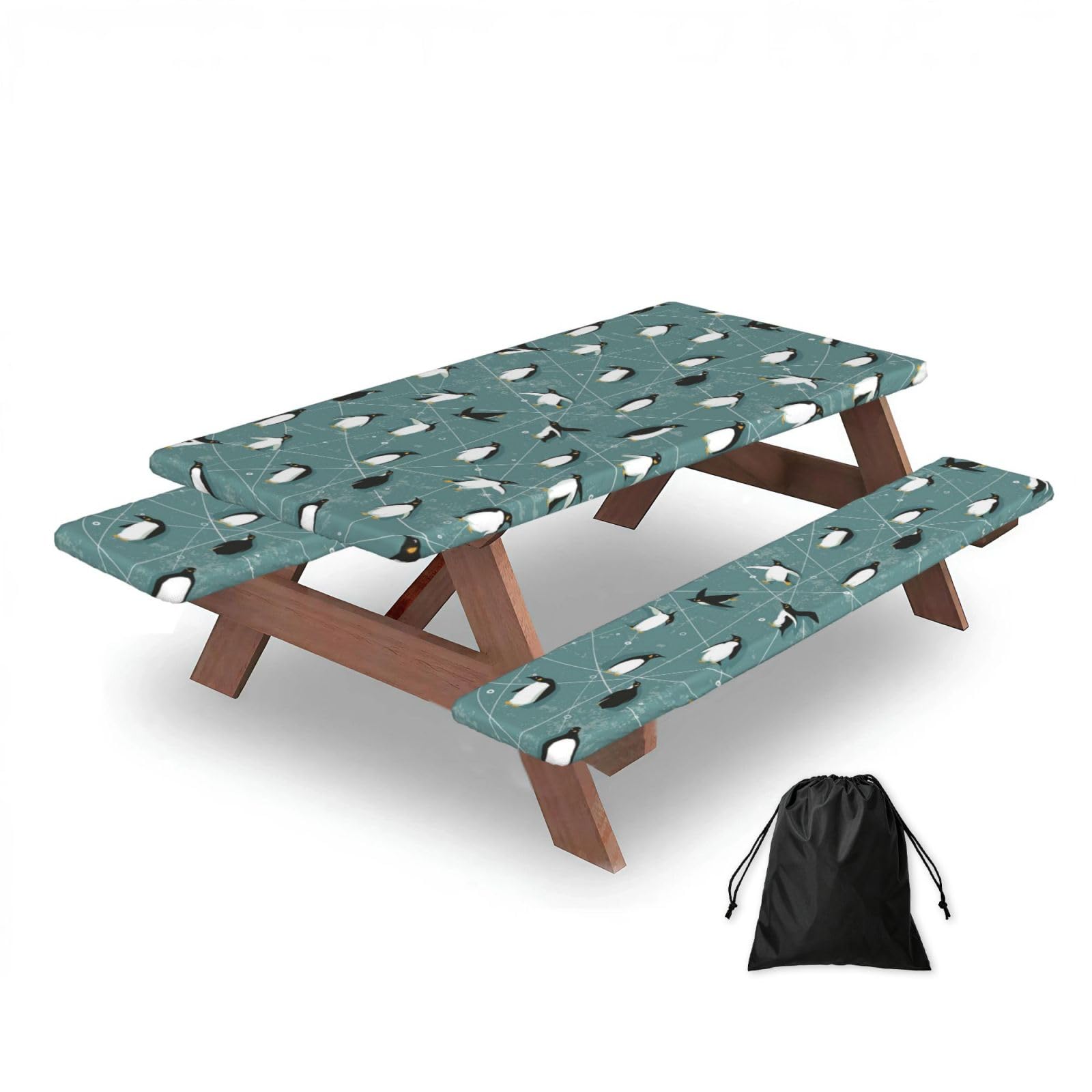 Penguins Pattern, Picnic Table Cover With Bench Covers -Waterproof Elastic Fitted Tablecloth for Garden Camping Patio 76x152cm
