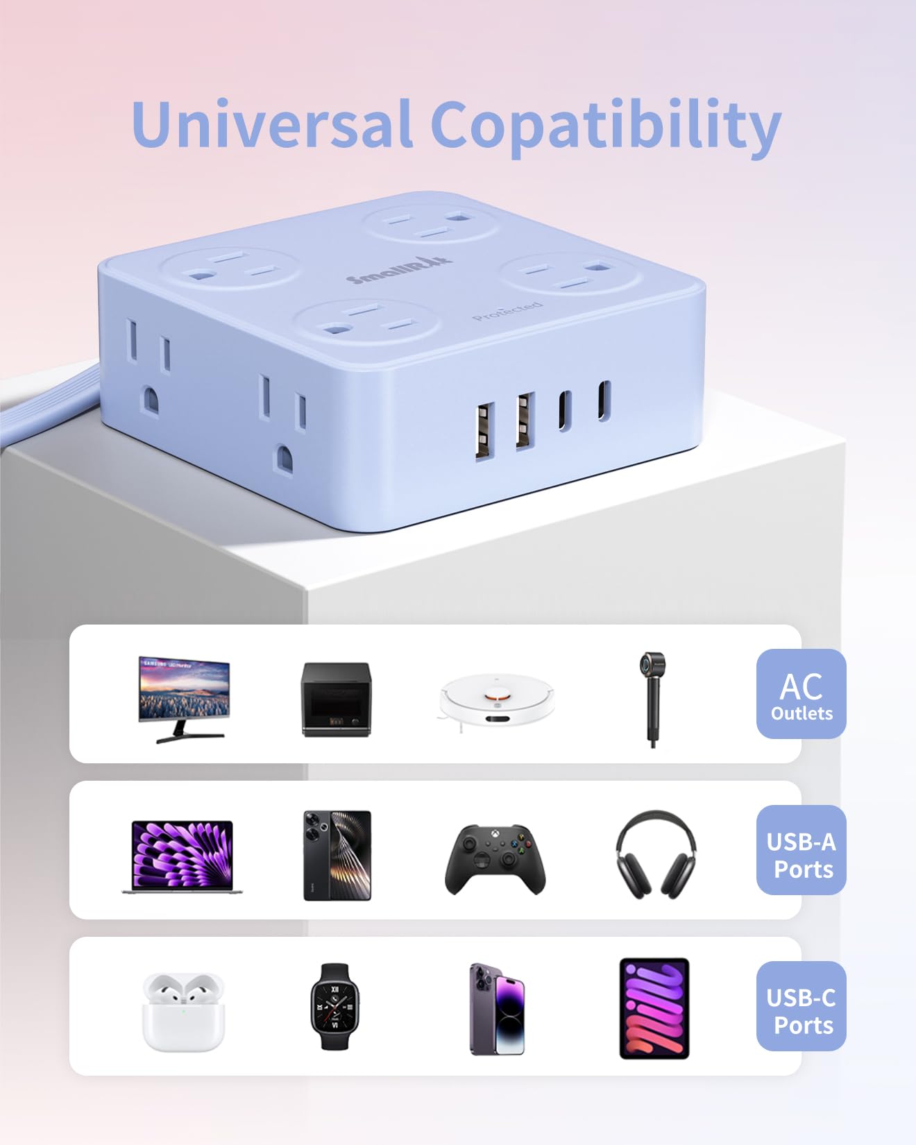 SMALLRT Elektrische Mehrfachkontakt-Steckdose, flach, mit Überspannungsschutz, 8 AC-Steckdosen, 4 USB-Ladegeräte (1 USB-C-Port), ultradünn, flache Steckdose (Blau, 1,98 m)