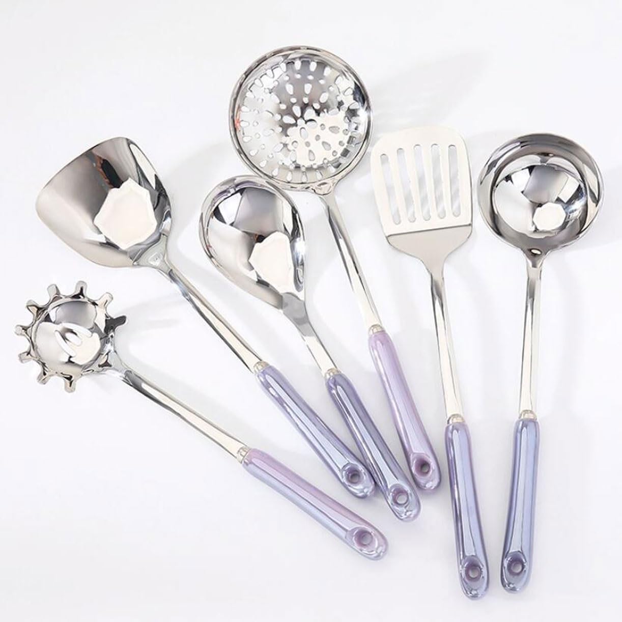 Kochspatel, Löffel, 7-teiliges Set, Kochutensilien aus 304 Edelstahl, Abtropflöffel, Gadgets, Küchengeschirr (Silber)