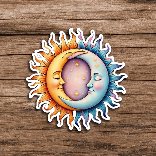 Image of Sun Moon Face Vinyl Waterproof Sticker Decal for Laptop Water Bottle Car Bumper Mystical Celestial Art Sticker 5 Inch