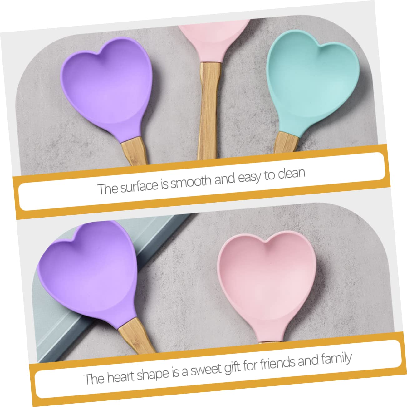 BRIGHTFUFU 4Pcs Heart Silicone Soup and Salad Spoons Convenient Kitchen Utensils for Mixing and Serving and Easy to Clean Kitchen Tools