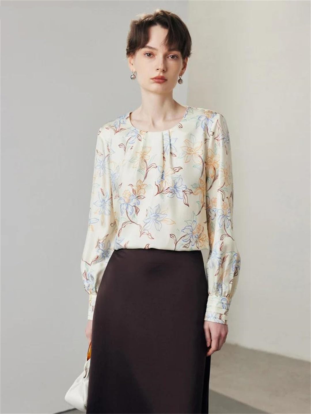 Blusas florales para mujer, 100% seda real, cuello redondo, manga larga, elegante